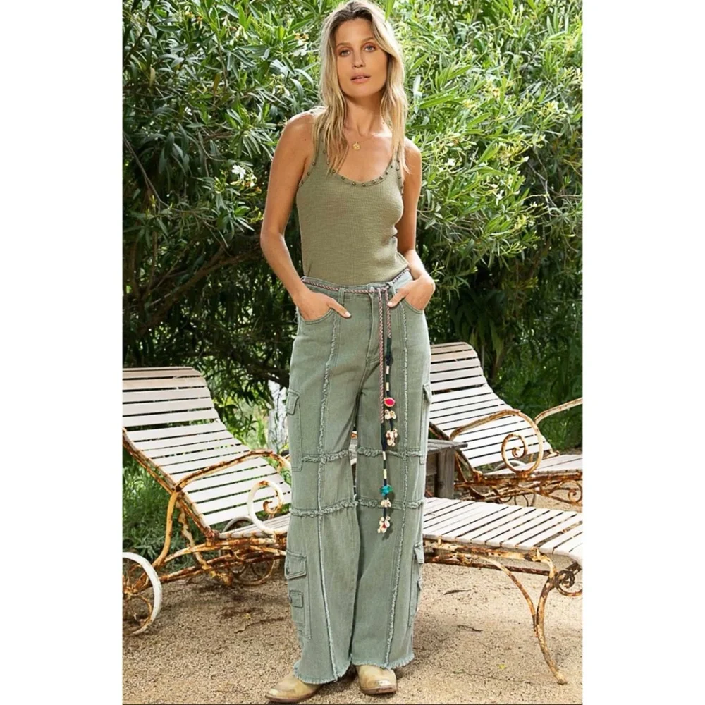 POL Army Green Frayed Edge Utility Jeans Relaxed Fit - Picture 6 of 14